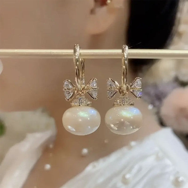 Bông Tai Khoen Nơ Chóp Đính Đá Ngọc Trai Trắng