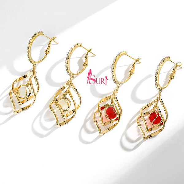 Bông Tai Tòn Teng Khoen Đính Đá Gợn Sóng Xếp Tầng Phối Hạt Châu Đỏ