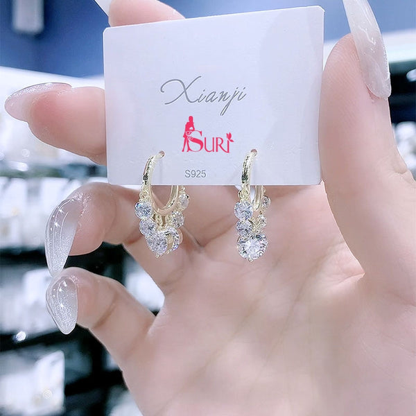 Bông Tai Tòn Teng Khoen Tròn Đính 6 Hạt Đá Sáng