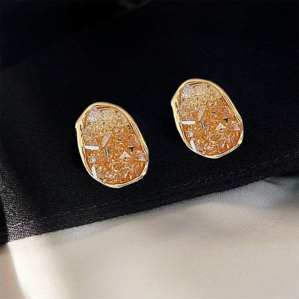 Bông Tai Hình Học Oval Phối Đá Pha Lê Loang Màu