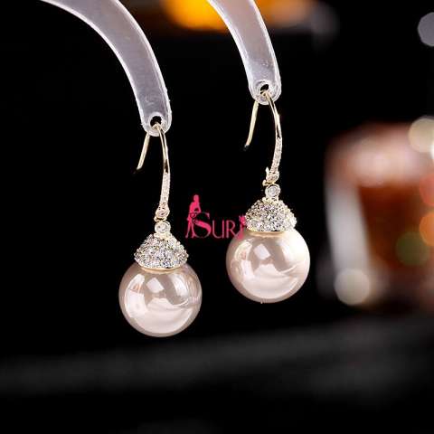 Bông Tai Tòn Teng Ngọc Trai Nâu Xám 1 Hạt Dạng Móc Đính Đá Cao Cấp