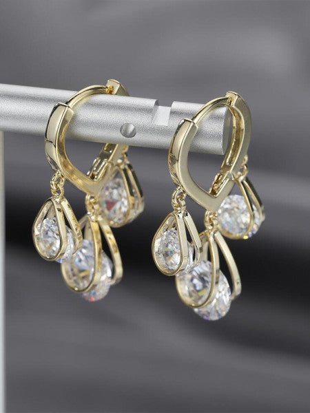 Bông Tai Tòn Teng Khoen Tròn Dáng Giọt Nước Phối 3 Hạt Đá Trắng