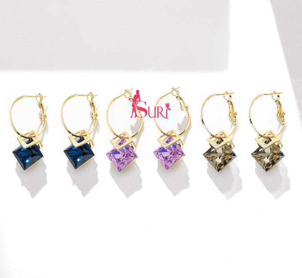 Bông Tai Khoen Tròn Vàng 2 Hình Thoi Đá Màu Siêu Xinh