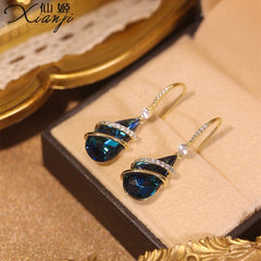 Bông Tai Tòn Teng Kiếu Dáng Đá Xanh Coban Hình Giọt Nước Phối Đá Trắng Dạng Móc