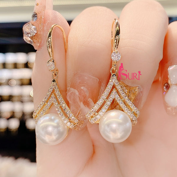 Bông Tai Tòn Teng Ngọc Trai 2 Hàng Đá Trắng Dạng Móc