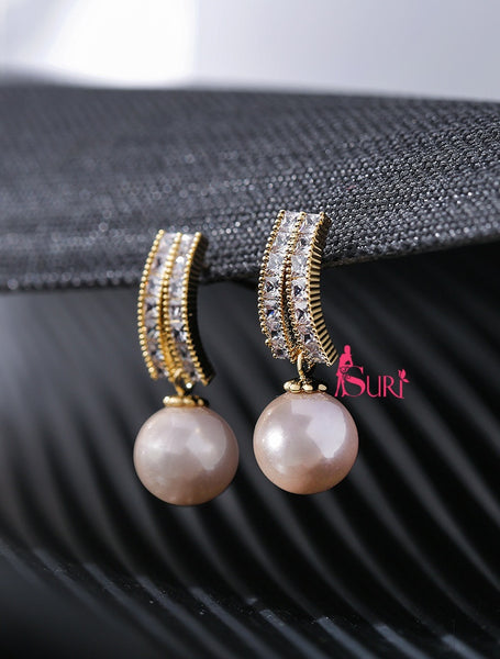 Bông Tai Tòn Teng 2 Hàng Đá Phối Ngọc Trai Hồng Nữ Tính