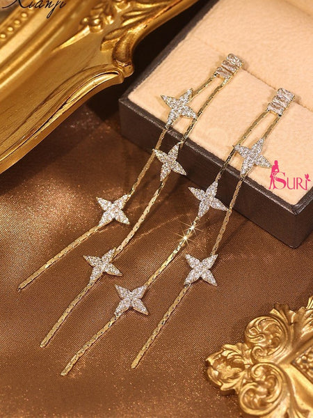 Bông Tai Tòn Teng Sao Băng Đính Đá Trắng Tua Rua Dáng Rơi Lạ Mắt