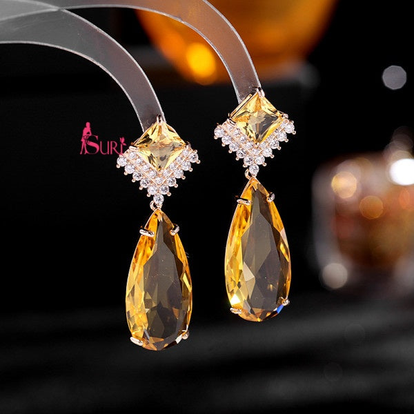 Bông Tai Tòn Teng Hình Thoi Phối Đá Màu Vàng Hình Giọt Nước Cao Cấp