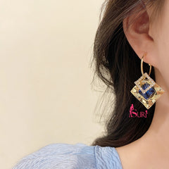 Bông Tai Tòn Teng Khoen Hình Thoi Vàng 3 Lớp Phối Đá Xanh Cá Tính