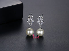 Bông Tai Tòn Teng Ngọc Trai Đính 5 Hạt Đá Vuông