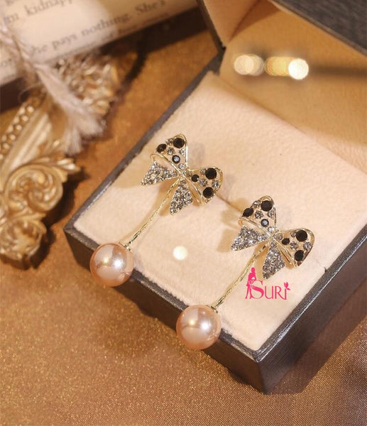 Bông Tai Tòn Teng Nơ Đính Đá Phối Hạt Trai 1 Sợi Nữ Tính