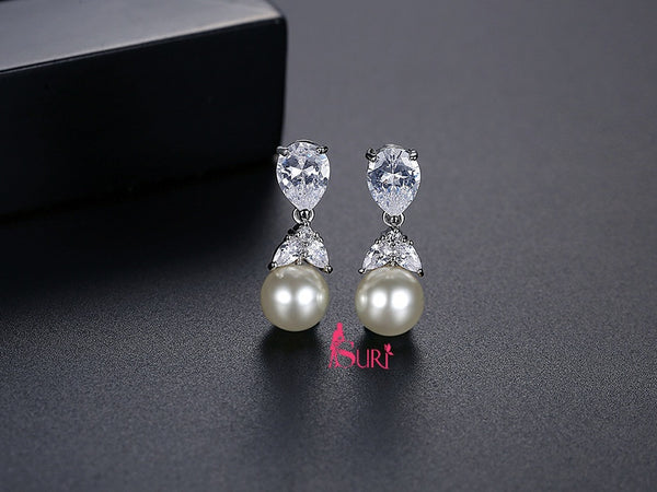 Bông Tai Tòn Teng Ngọc Trai 2 Lá Đính Đá Giọt Nước