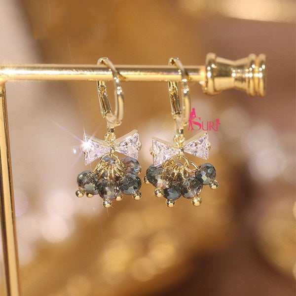 Bông Tai Tòn Teng Khoen Tròn Nơ Đá Trắng Phối Chùm Pha Lê Xinh Xắn