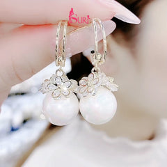 Bông Tai Tòn Teng Ngọc Trai Hoa Đá Dạng Móc