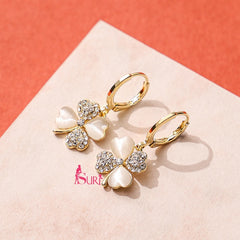 Bông Tai Khoen Tòn Teng Hoa 4 Cánh Trái Tim Phối Đá Mắt Mèo Siêu Xinh