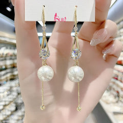 Bông Tai Tòn Teng 1 Hạt Trai Phối Hạt Đá Tròn Trắng Dạng Móc