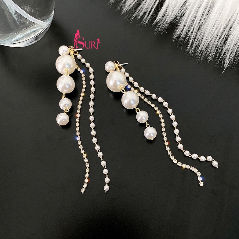 Bông Tai Tòn Teng 5 Hạt Trai Trắng Phối 2 Sợi 2 Kiểu Siêu Sang