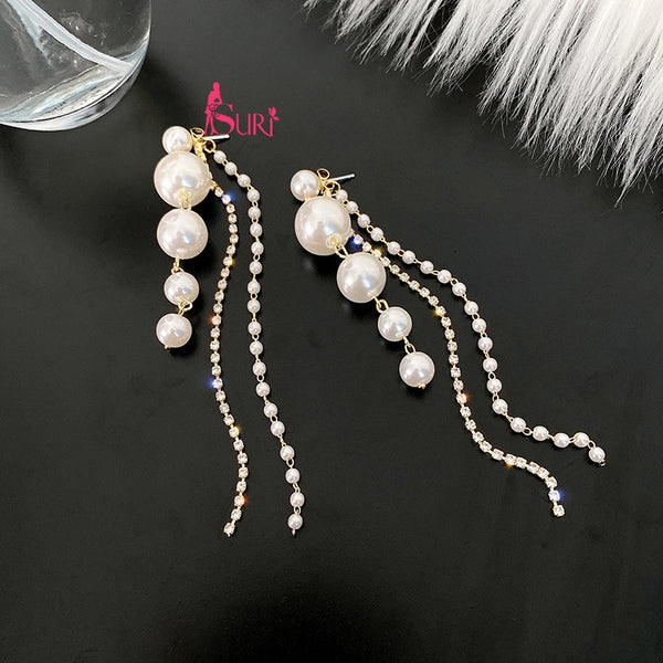 Bông Tai Tòn Teng 5 Hạt Trai Trắng Phối 2 Sợi 2 Kiểu Siêu Sang