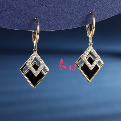 Bông Tai Tòn Teng Khoen Hình Thoi Đen Phối Đá Trắng Cá Tính