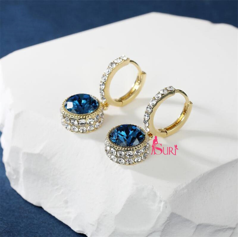 Bông Tai Tòn Teng Khoen Phối Đá Tròn Xanh Viền Đá Trắng Siêu Yêu