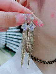 Bông Tai Tòn Teng Thoi Đá Phối Tua Rua Vàng Dạng Móc