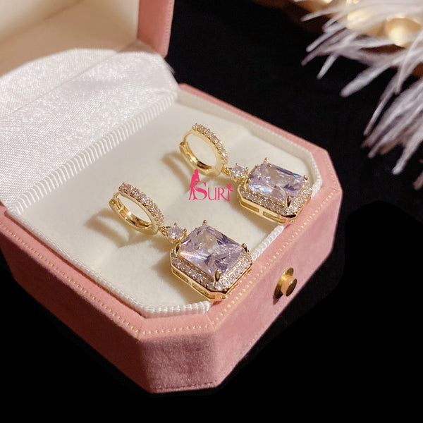 Bông Tai Tòn Teng Khoen Tròn Phối Đá Chữ Nhật Sang Trọng