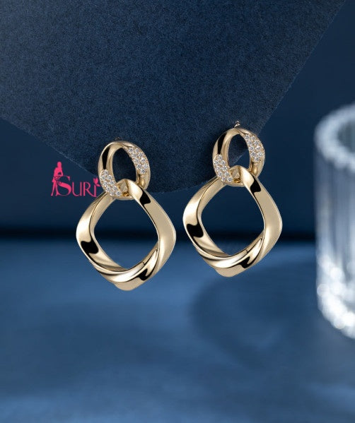 Bông Tai Tòn Teng Hình Thoi Phối Xoắn Đá Trắng Cá Tính