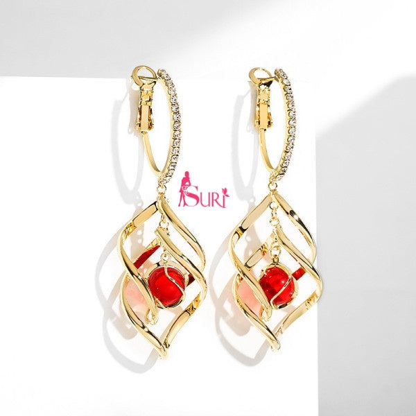 Bông Tai Tòn Teng Khoen Đính Đá Gợn Sóng Xếp Tầng Phối Hạt Châu Đỏ