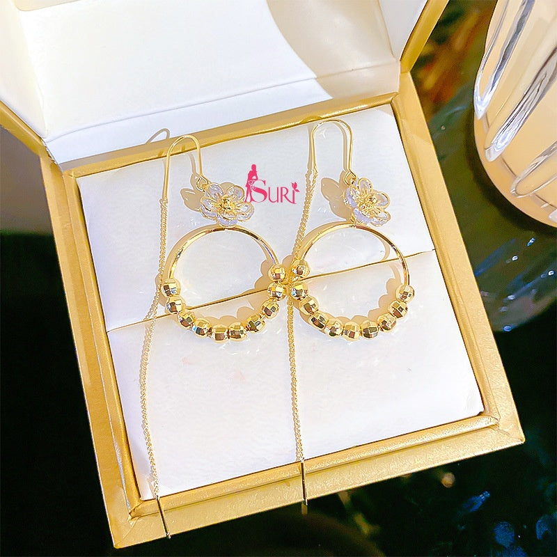 Bông tai Tòn Teng Khoen Tròn Bi vàng Phối Hoa Đá 5 Cánh