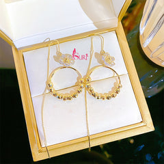 Bông tai Tòn Teng Khoen Tròn Bi vàng Phối Hoa Đá 5 Cánh