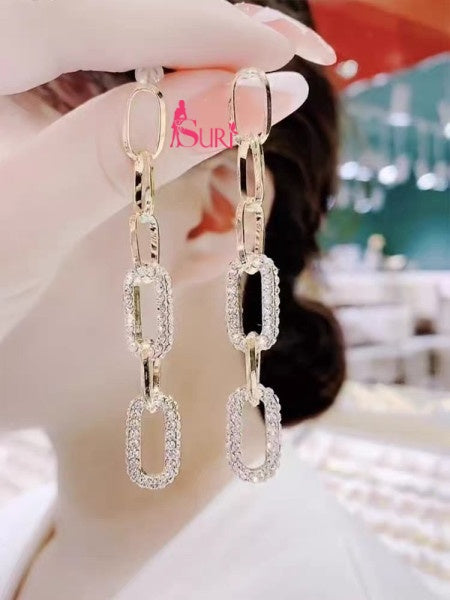 Bông Tai Tòn Teng Hình Học Chữ Nhật Đính Đá Cá Tính