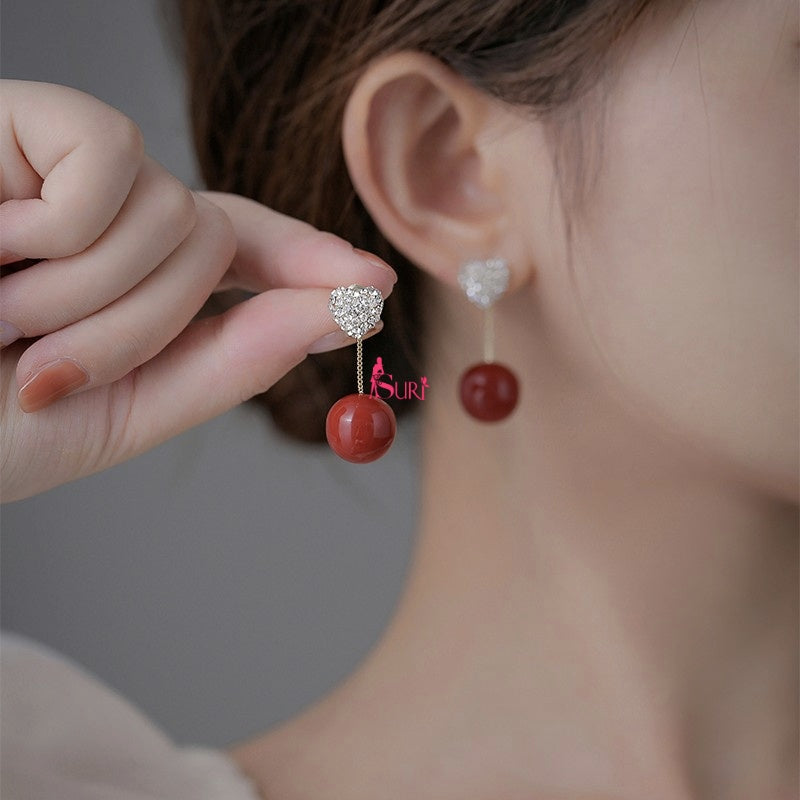 Bông Tai Tòn Teng Trái Tim Đính Đá Phối Ngọc Trai Đỏ Nữ Tính