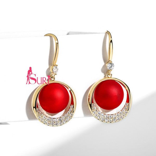 Bông Tai Tòn Teng Hạt Châu Đỏ Nhám Đính Đá Dạng Móc