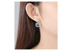 Bông Tai Đá Vuông Xanh Hoa Đá Vàng Nữ Tính