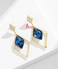 Bông Tai Tòn Teng 2 Hình Thoi Đính Đá Xanh Mặt Cắt Lấp Lánh