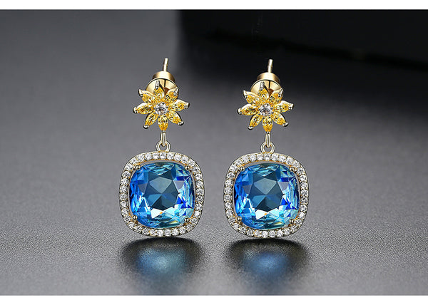 Bông Tai Đá Vuông Xanh Hoa Đá Vàng Nữ Tính