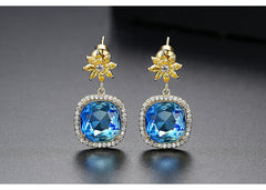 Bông Tai Đá Vuông Xanh Hoa Đá Vàng Nữ Tính