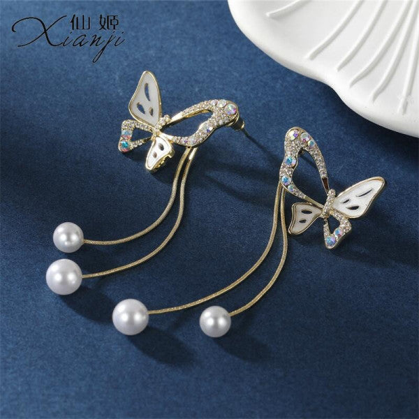 Bông Tai Tòn Teng Hình Bướm Phối Đá Pha Lê Xà Cừ Trắng Tua Rua 2 Sợi Ngọc Trai