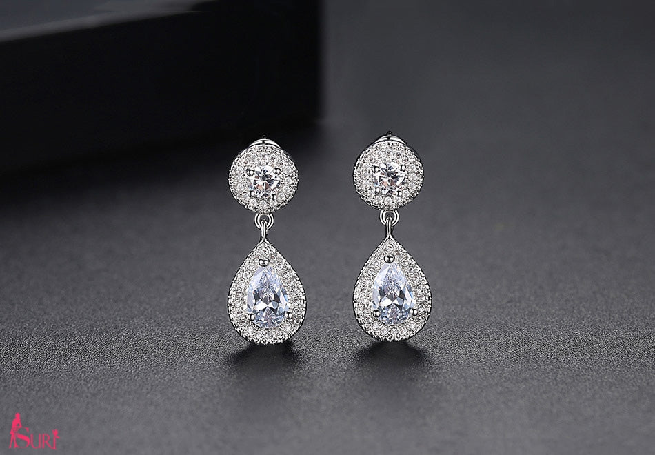 Bông Tai Tòn Teng Đá Trắng Giọt Nước Nhỏ Xinh