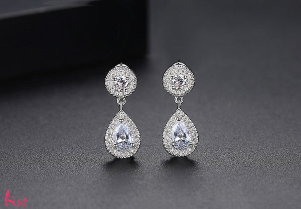 Bông Tai Tòn Teng Đá Trắng Giọt Nước Nhỏ Xinh