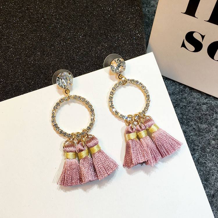 Bông tai khoen phối tua rua hồng