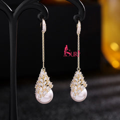 Bông Tai Tòn Teng Ngọc Trai Trắng Dạng Móc Phối Hình Thoi Đính Đá