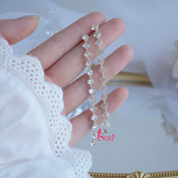 Bông Tai Tòn Teng Hình Thoi Nhỏ Đá Trắng Dáng Dài Siêu Sáng