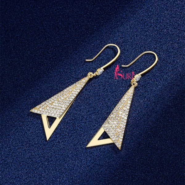 Bông Tai Tòn Teng Hình Tam Giác Vàng Phối Đá Trắng Dạng Móc