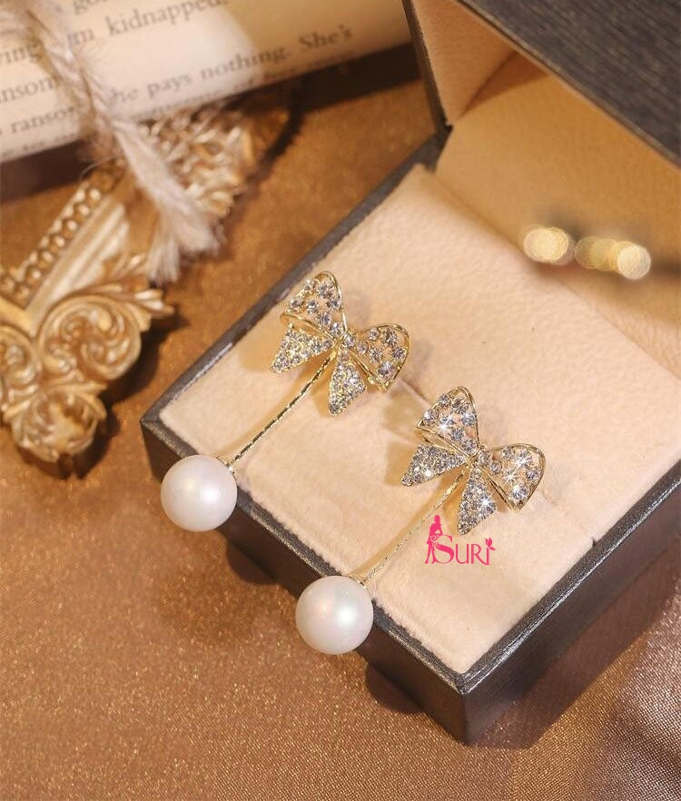 Bông Tai Tòn Teng Nơ Đính Đá Phối Hạt Trai 1 Sợi Nữ Tính