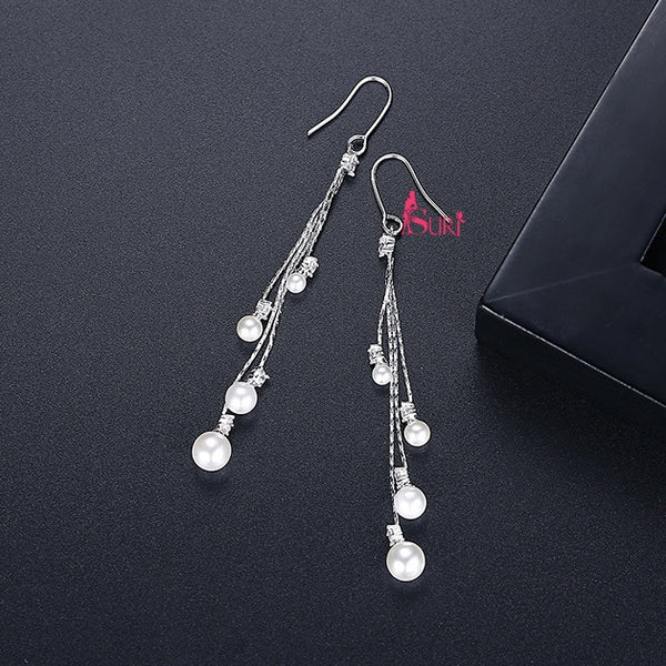 Bông Tai Tòn Teng Tua Rua Dây Mảnh Đính Đá Ngọc Trai Dạng Móc