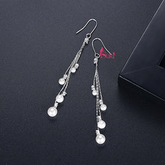 Bông Tai Tòn Teng Tua Rua Dây Mảnh Đính Đá Ngọc Trai Dạng Móc