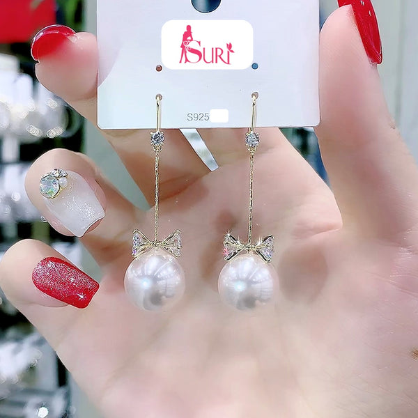 Bông Tai Tòn Teng Nơ Đá Trắng Phối Ngọc Trai Hồng Dạng Móc