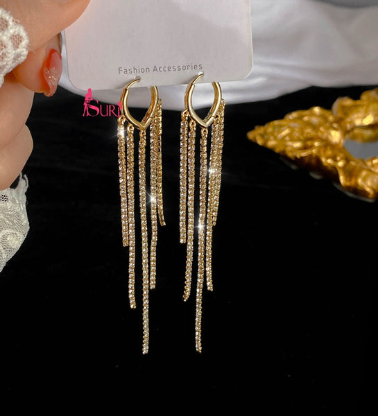 Bông Tai Tòn Teng Khoen Tua Rua Dáng Dài Đính Đá 5 Sợi