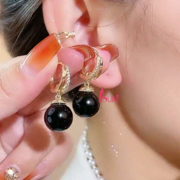 Bông Tai Khoen Tòn Teng Đính Đá Phối 1 Hạt Trai Đen